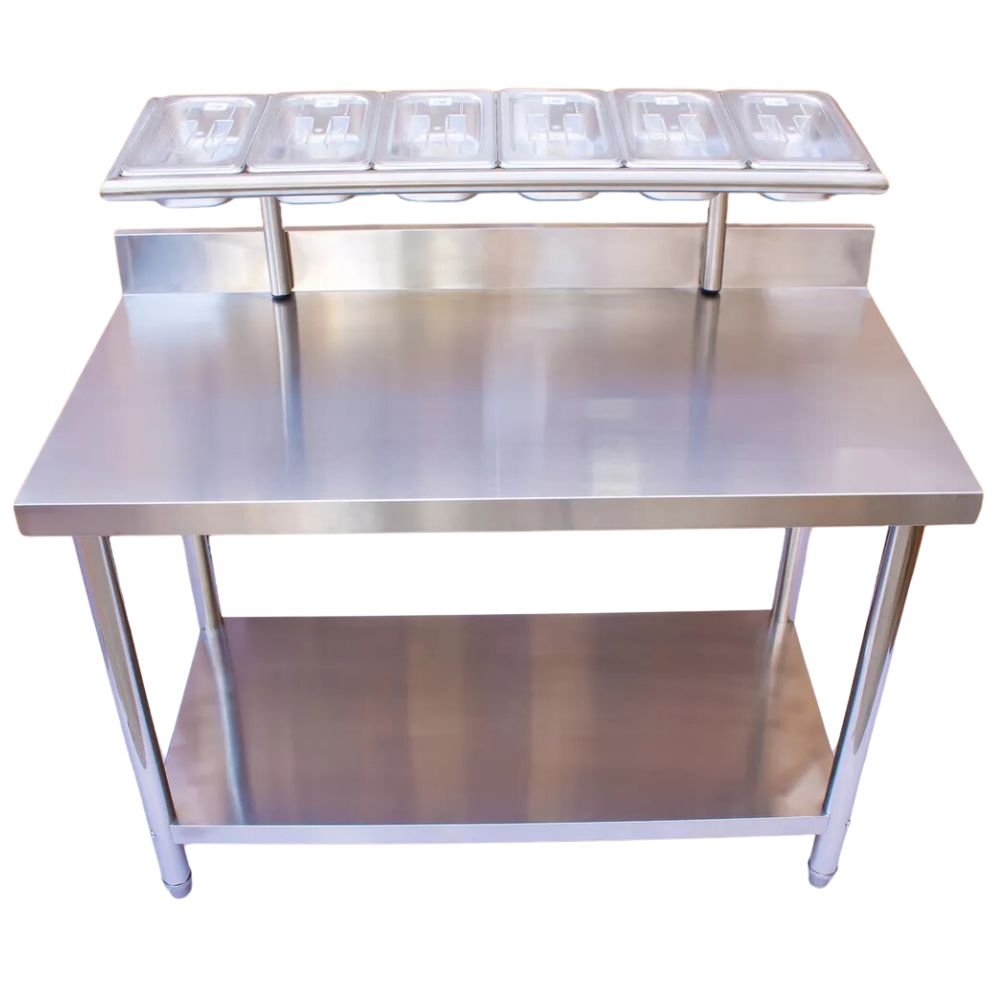 MESA MINDEJAL MLM1631502832 | Mesa para Pizzería | Frente 120 cm | 6 Insertos | Acero Inoxidable | Cocina Industrial Pizzería Restaurante Superficie Amplia Ergonómica Resistente Multifuncional Ajustable Duradera Espacio de Almacenamiento Modular Compacta Estable Fácil de Limpiar Diseño Industrial Personalizable Versátil Antideslizante